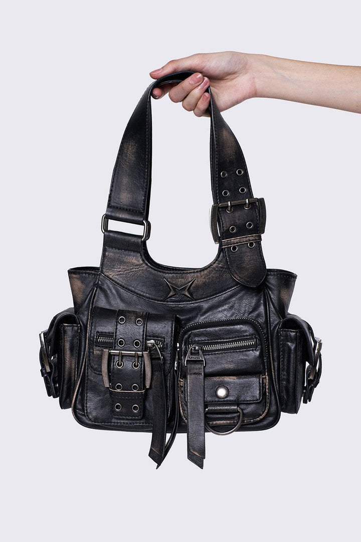 Brown wash PU Leather Cargo Shoulder Bag with Buckle Details