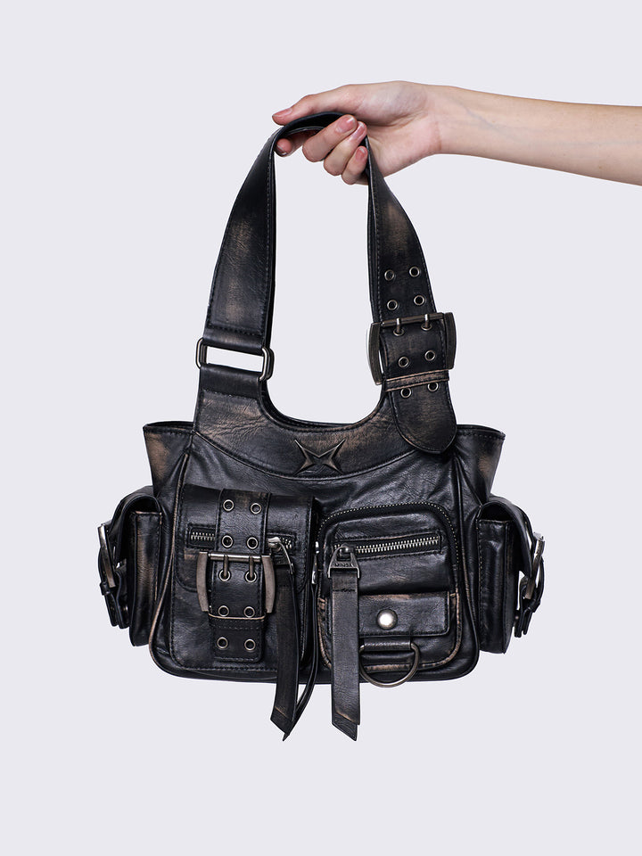 Brown wash PU Leather Cargo Shoulder Bag with Buckle Details