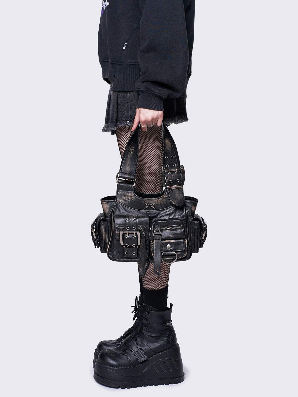 Brown Wash PU Leather Cargo Shoulder Bag With Buckle Details Minga brown-wash-pu-leather-cargo-shoulder-bag-with-buckle-details-minga