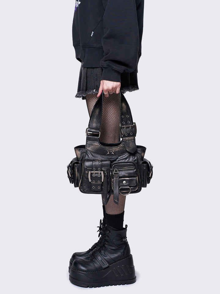 Brown wash PU Leather Cargo Shoulder Bag with Buckle Details