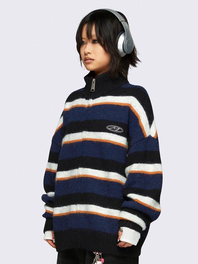 Oversized zip up knitted cardigan in blue, orange, black and white stripes