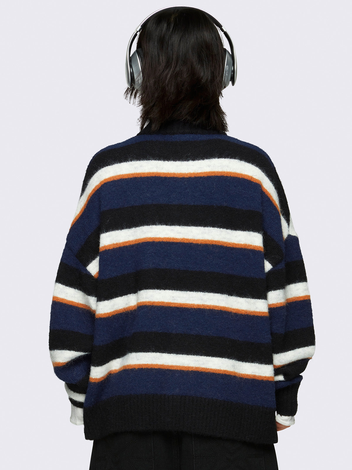 Oversized zip up knitted cardigan in blue, orange, black and white stripes