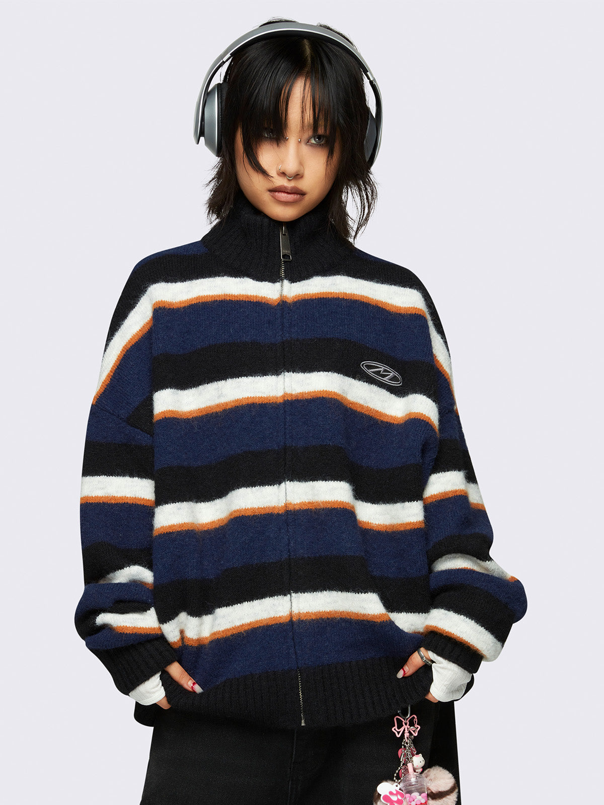 Oversized zip up knitted cardigan in blue, orange, black and white stripes