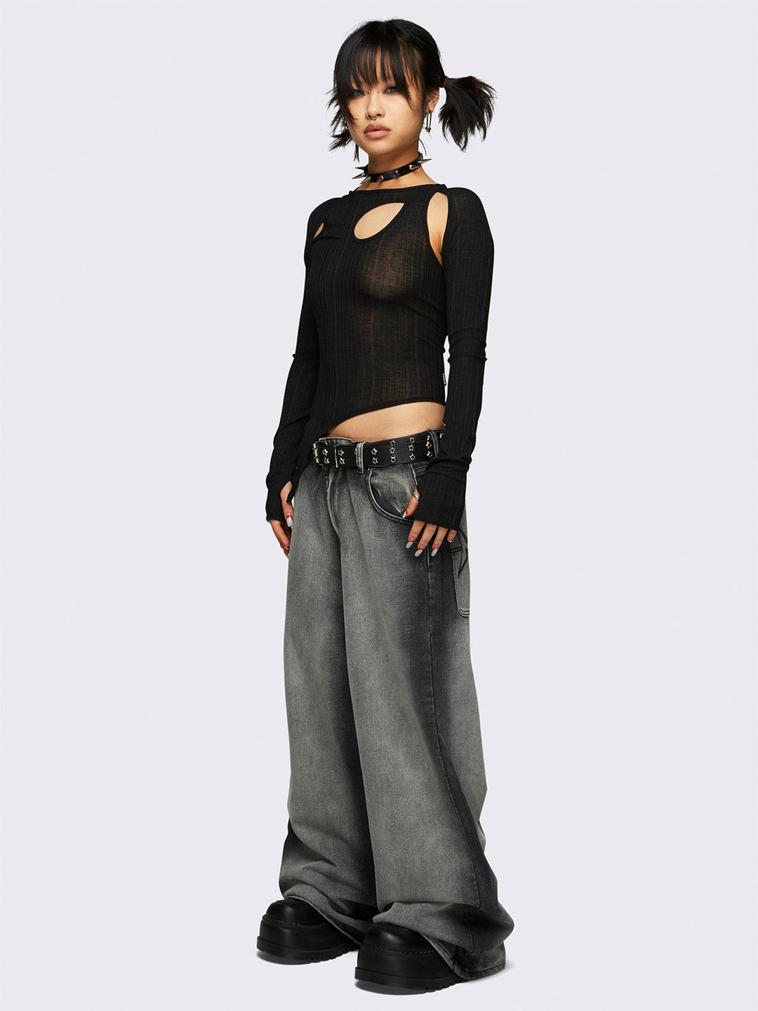 Kallie Black Cut-Out Top – Asymmetric Long Sleeve Top with