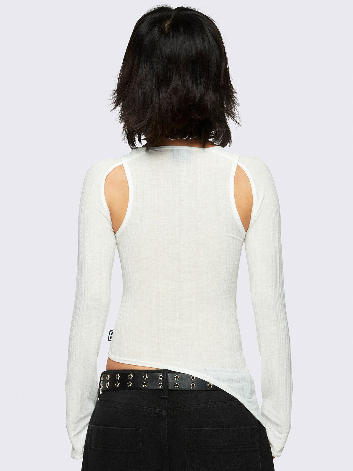 Asymmetric cut out top in white with thumbhole cuffs