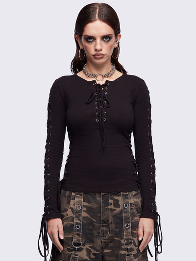 Khaela Black Lace-Up Top