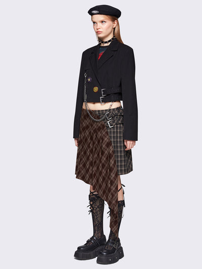 Pleated asymmetric midi skirt in patchwork plaid check pattern 