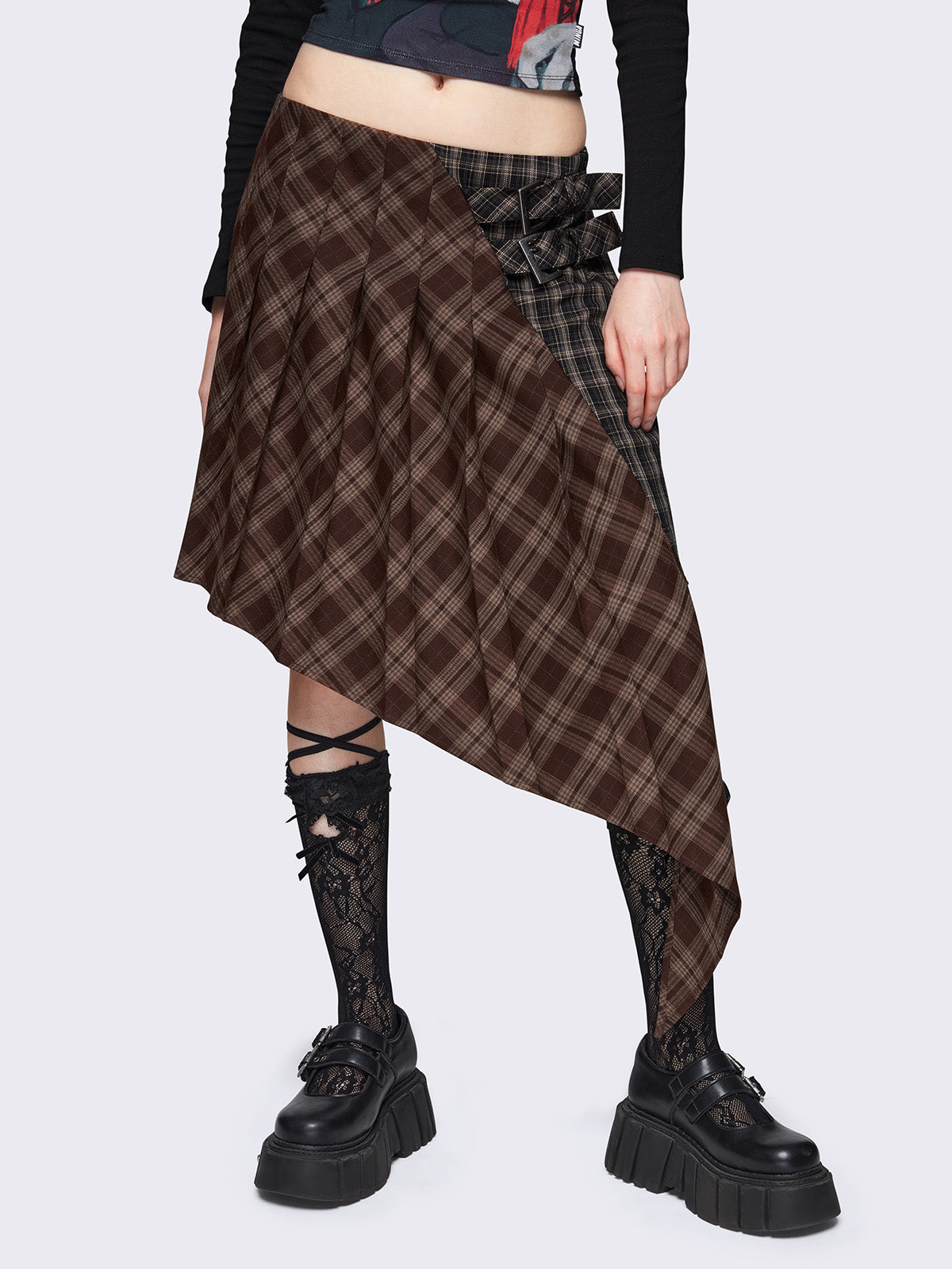 Pleated asymmetric midi skirt in patchwork plaid check pattern 