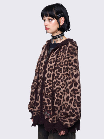 Leopard Knitted Zip-Up Hoodie