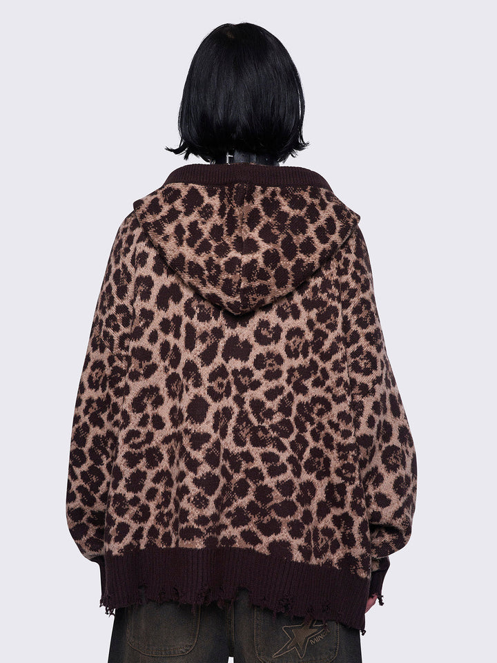 Leopard Knitted Oversized Zip-Up Hoodie | Minga London