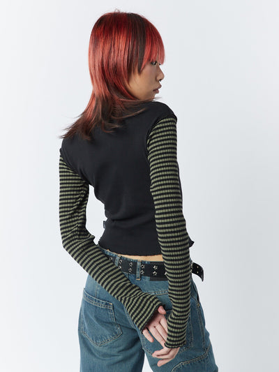 Lost Star Green Black Striped Long Sleeve Top - Minga EU