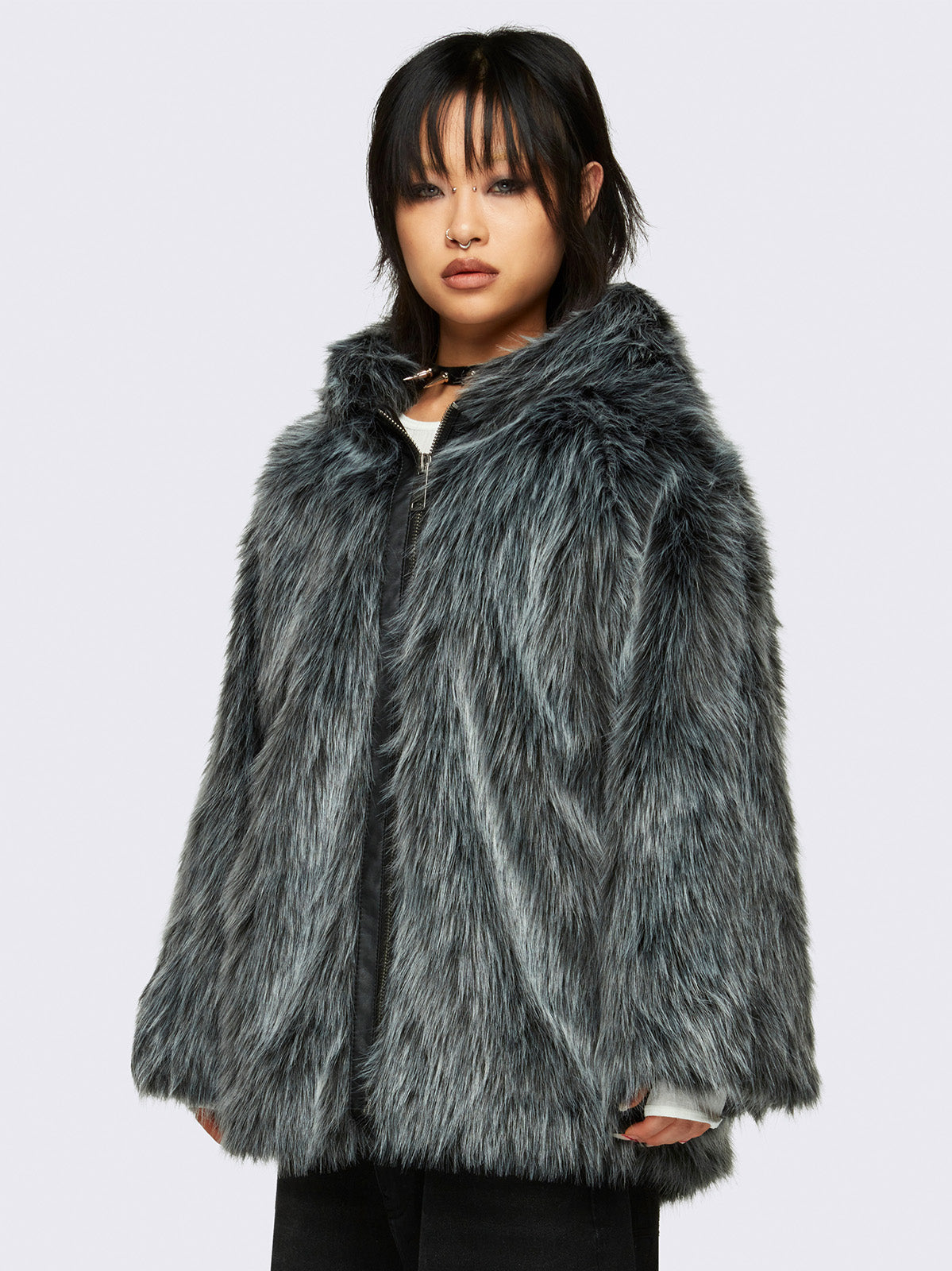 Faux frosted fur hoodie jacket in black and grey