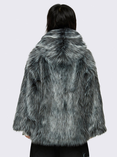 Faux frosted fur hoodie jacket in black and grey