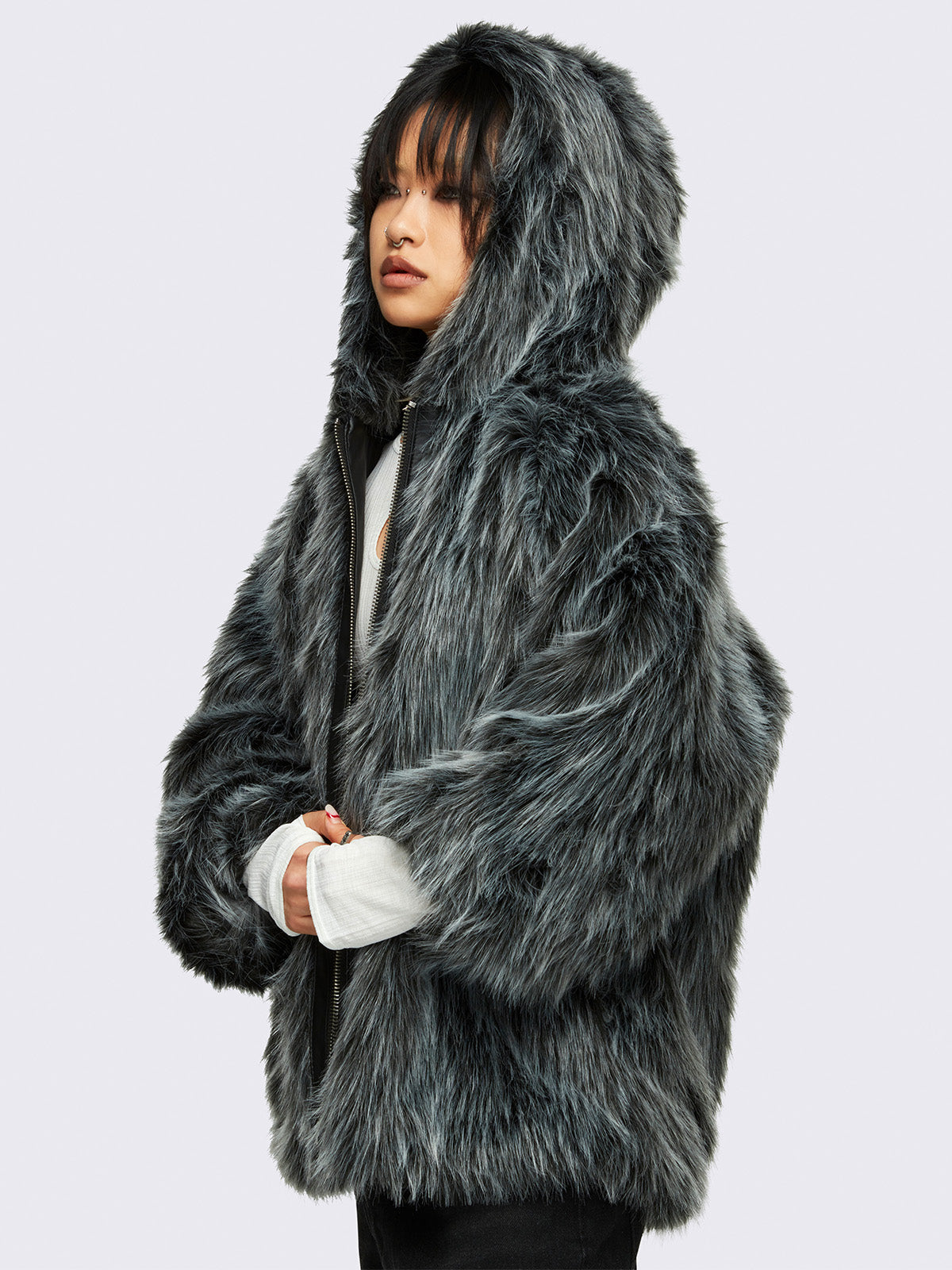 Faux frosted fur hoodie jacket in black and grey