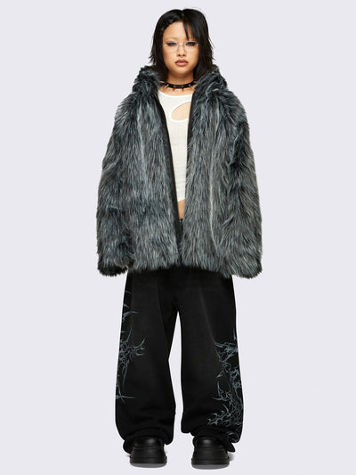 Faux frosted fur hoodie jacket in black and grey