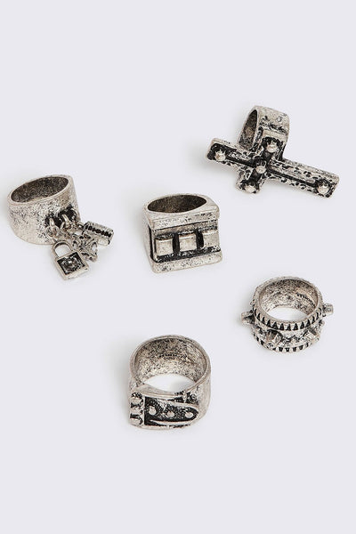 5 PC Grunge Silver Ring Set with Cross | Minga London