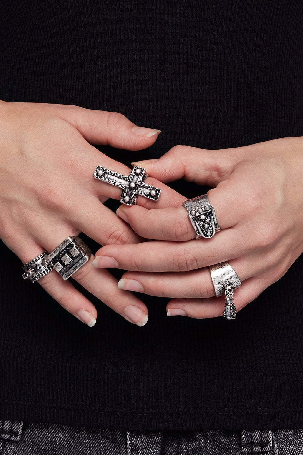 アクセサリー CDL TOKYO Moon stone Misanga set 5 PC Grunge Silver Ring Set with Cross | Minga London – Minga