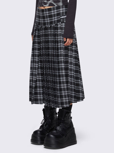 Black and grey plaid check pleated midi skirt