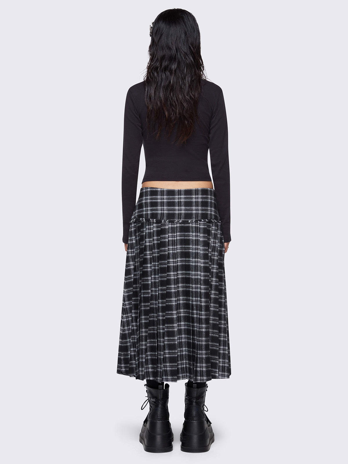 Black and grey plaid check pleated midi skirt