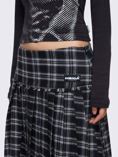 Black and grey plaid check pleated midi skirt