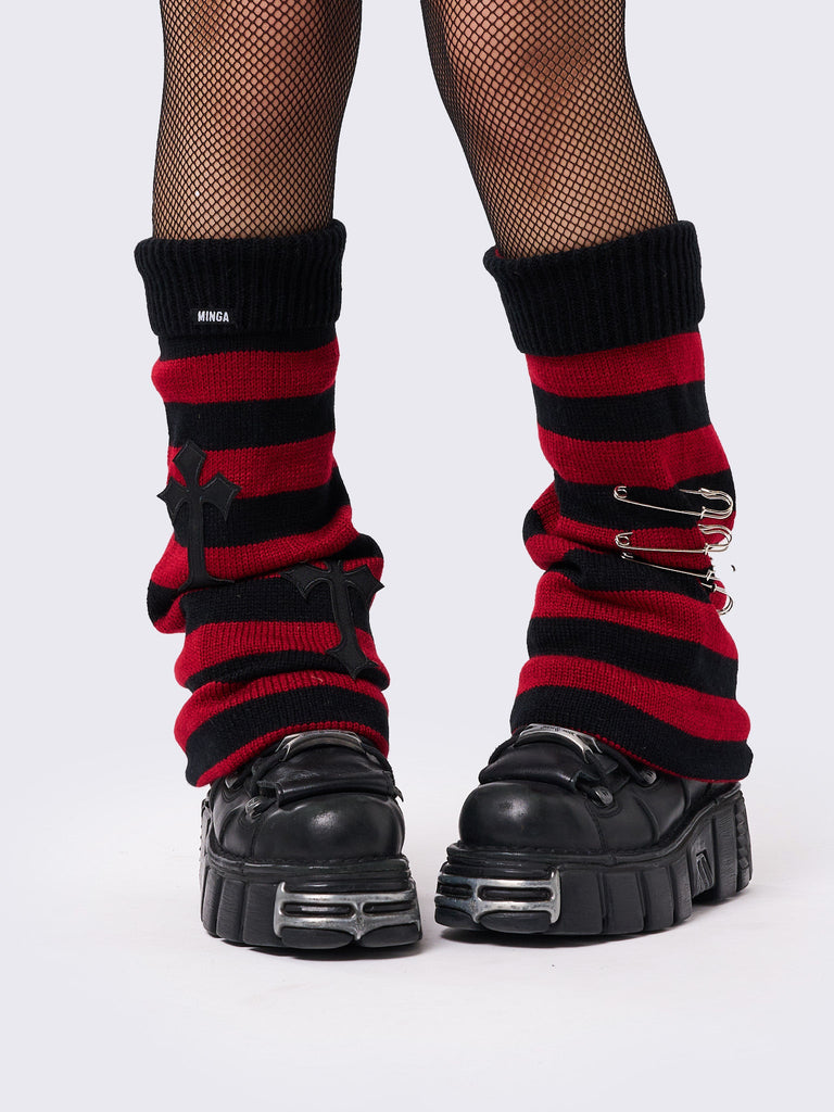 Red Black Striped Leg Warmers with Cross Patchs and Safety Pins