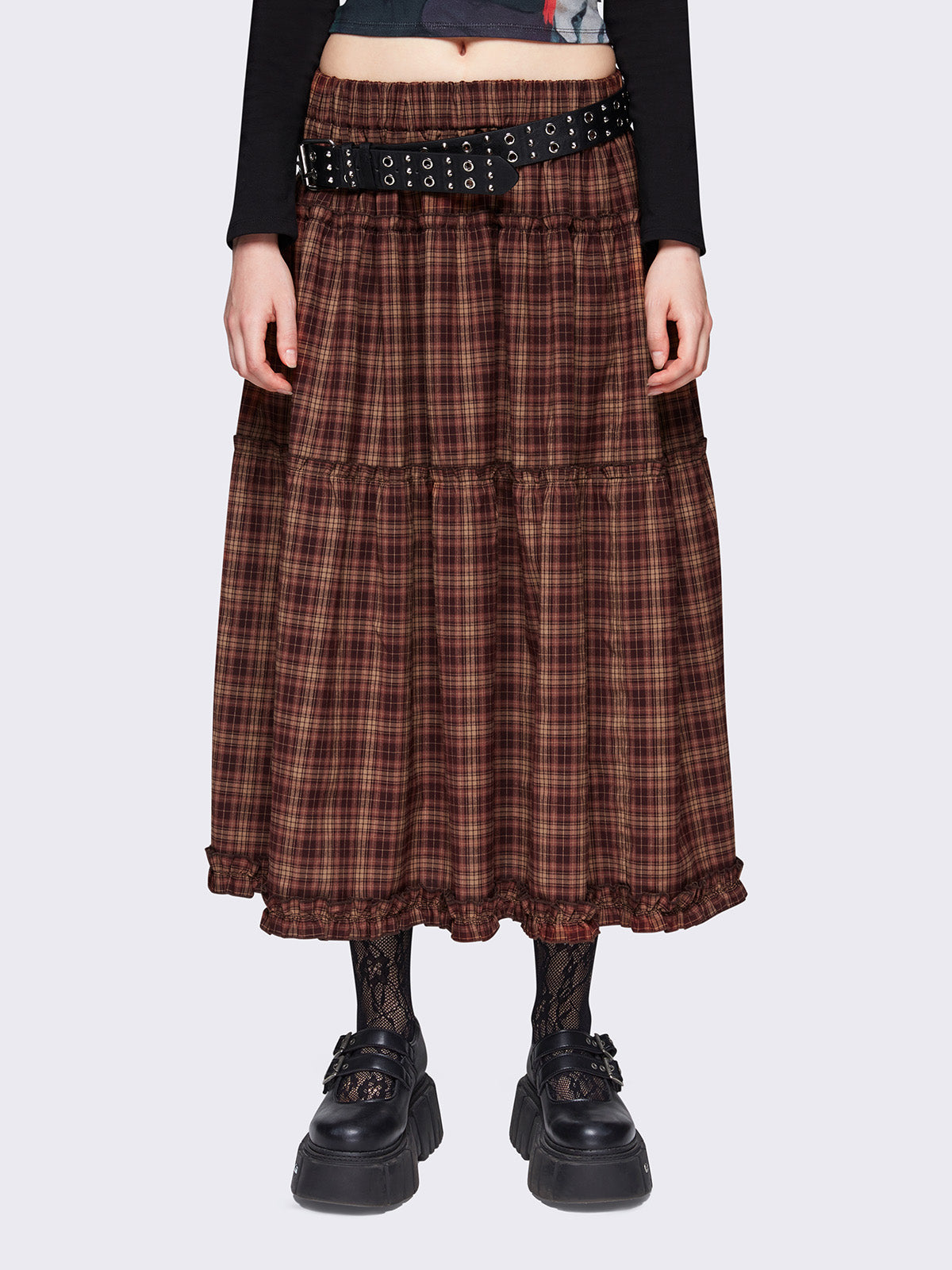 Plaid checkered ruffle maxi skirt in brown