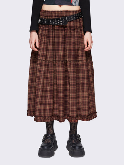 Plaid checkered ruffle maxi skirt in brown