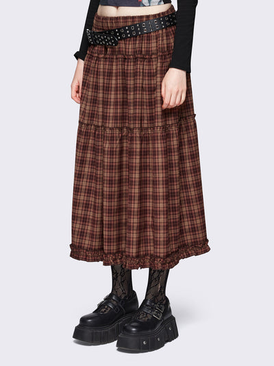 Plaid checkered ruffle maxi skirt in brown