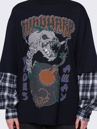 Black layered long sleeve t-shirt with contrast black and grey plaid sleeves, Mindwarp graphic front print, crew neck, and relaxed fit.