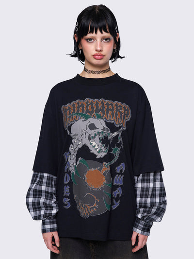 Black layered long sleeve t-shirt with contrast black and grey plaid sleeves, Mindwarp graphic front print, crew neck, and relaxed fit.