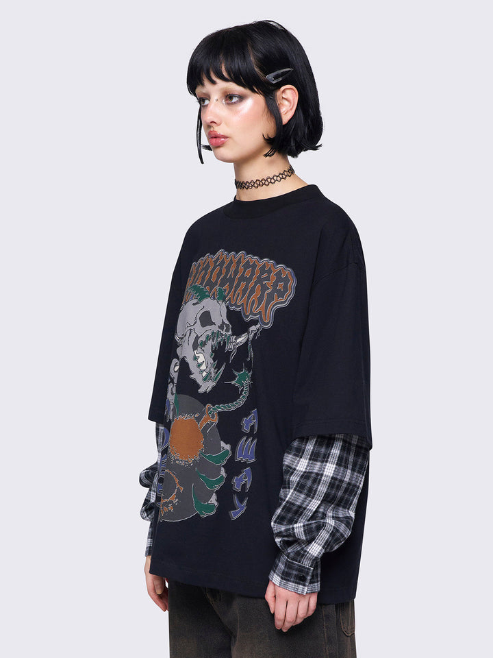 Layered Graphic T-Shirt with Checkered Sleeves | Minga Layered Graphic T-Shirt with Checkered Sleeves | Minga