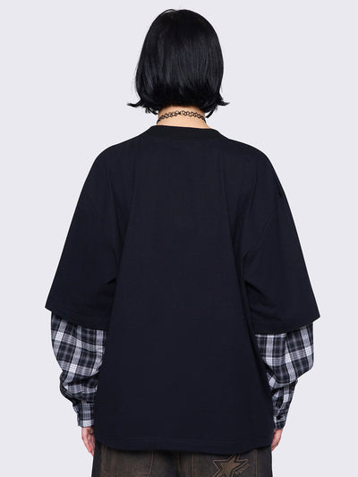 Black layered long sleeve t-shirt with contrast black and grey plaid sleeves, Mindwarp graphic front print, crew neck, and relaxed fit.