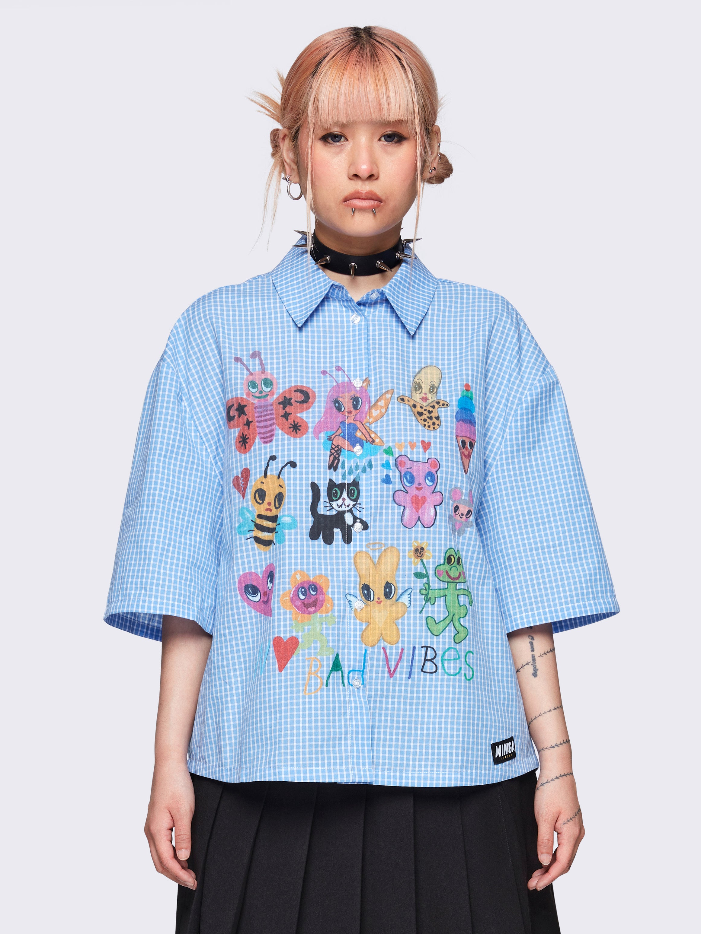 Bowling shirt in checkered blue with graphic front print