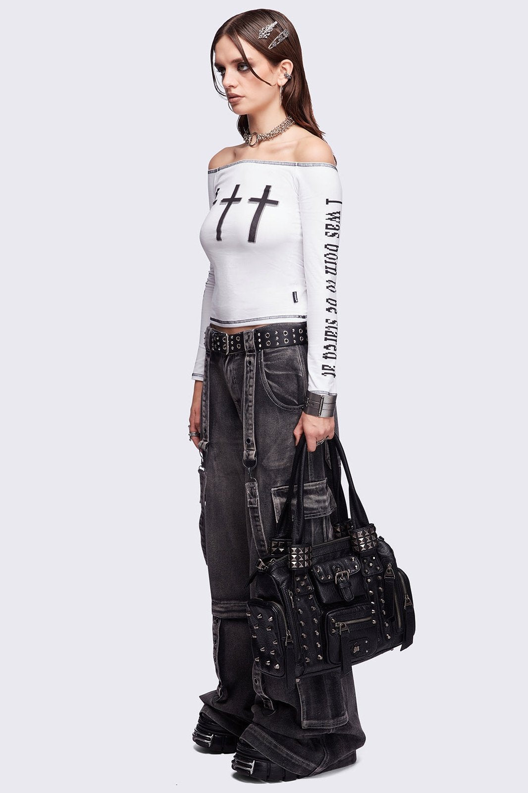 Faux Leather Spiked Multipocket Shoulder Bag in Black | Minga