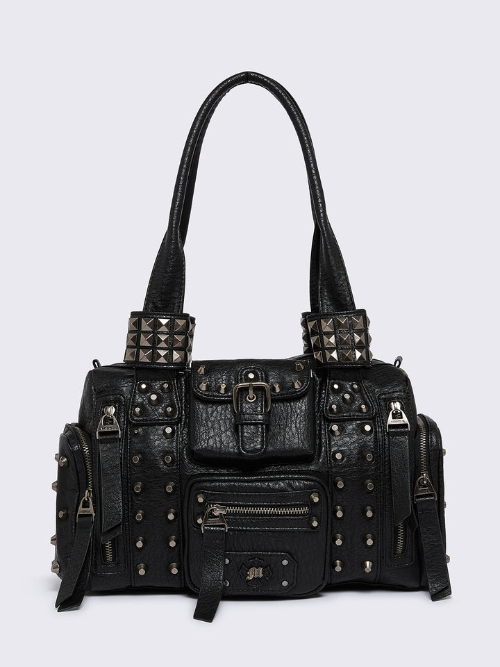 Faux Leather Spiked Multipocket Shoulder Bag in Black | Minga