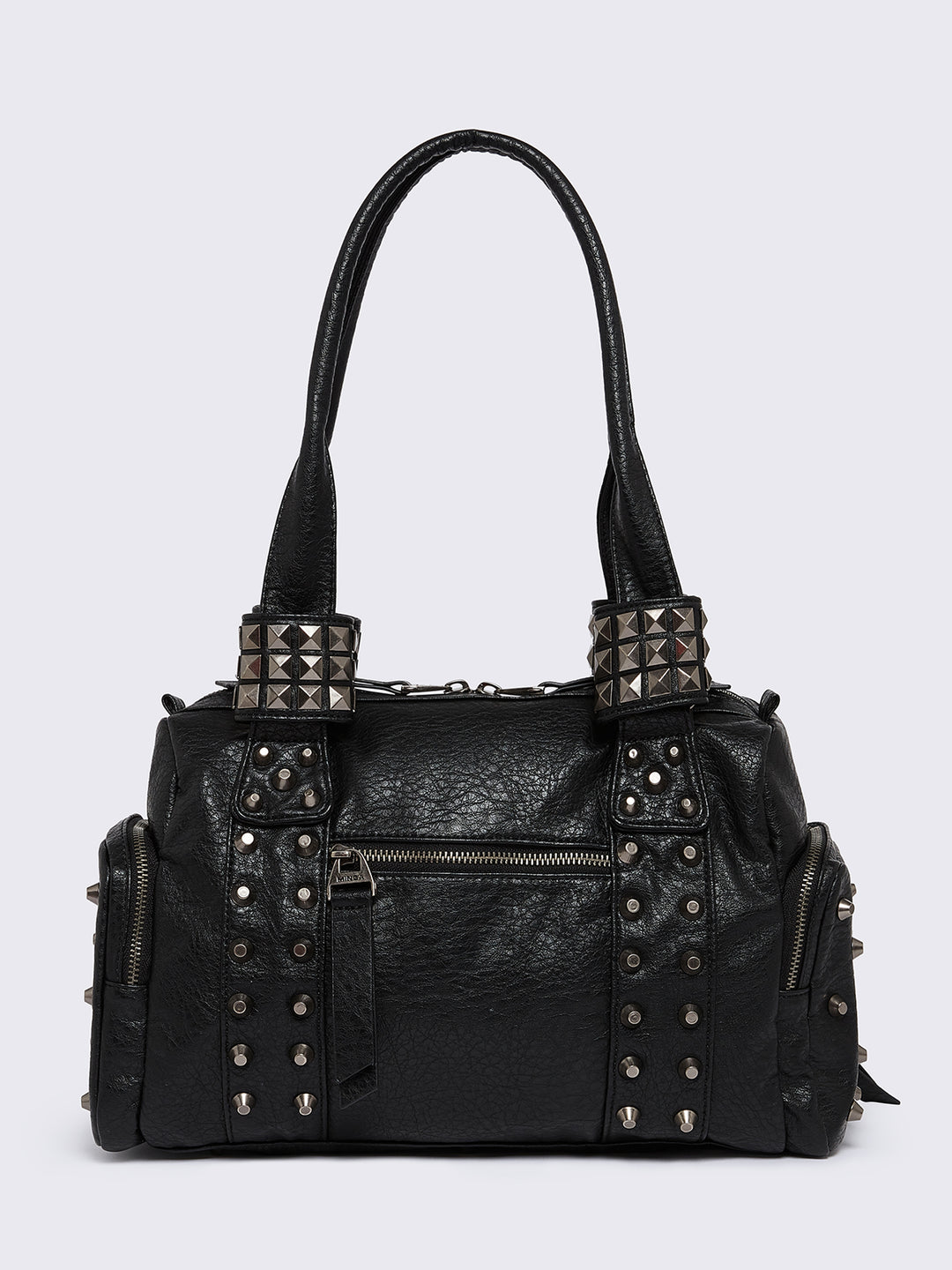Faux Leather Spiked Multipocket Shoulder Bag in Black | Minga