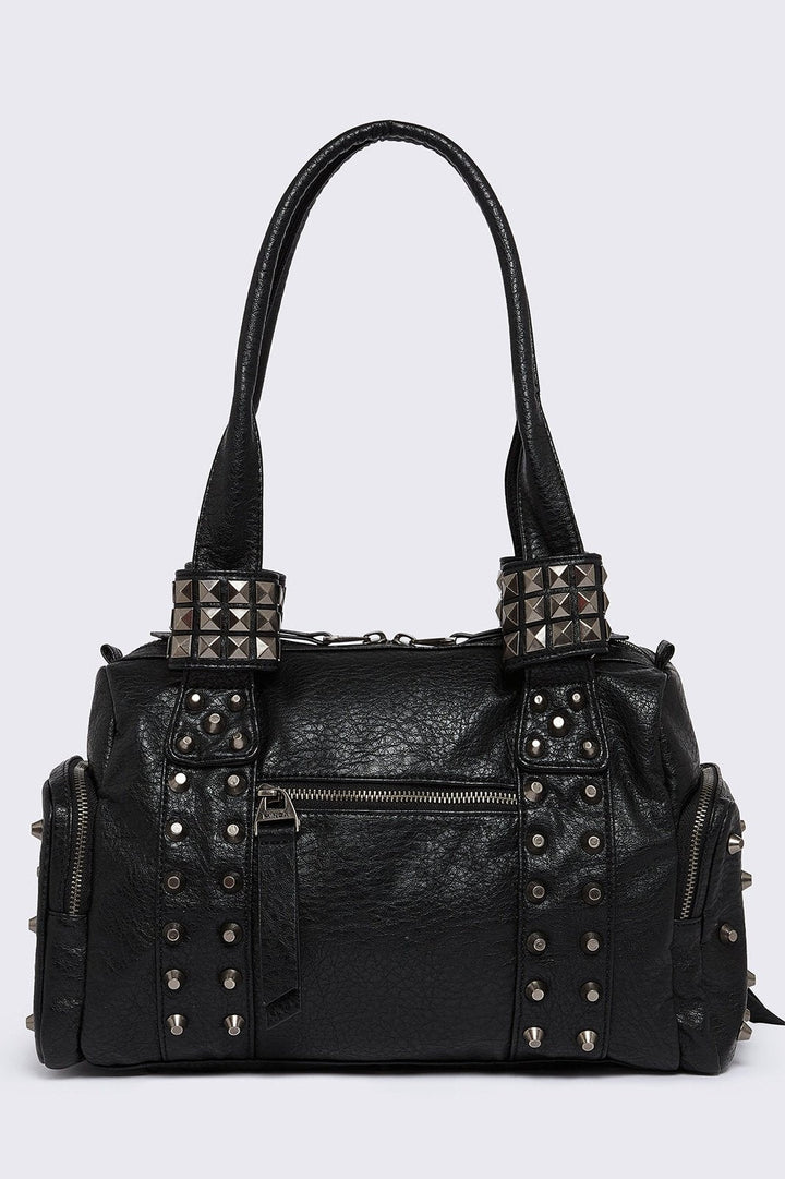Faux Leather Spiked Multipocket Shoulder Bag in Black | Minga London