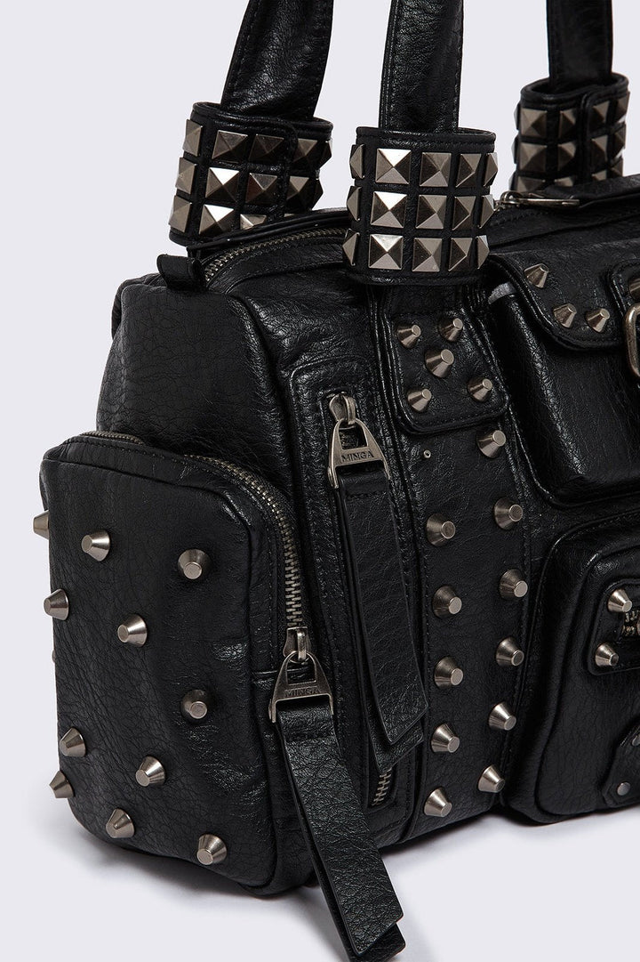 Faux Leather Spiked Multipocket Shoulder Bag in Black | Minga