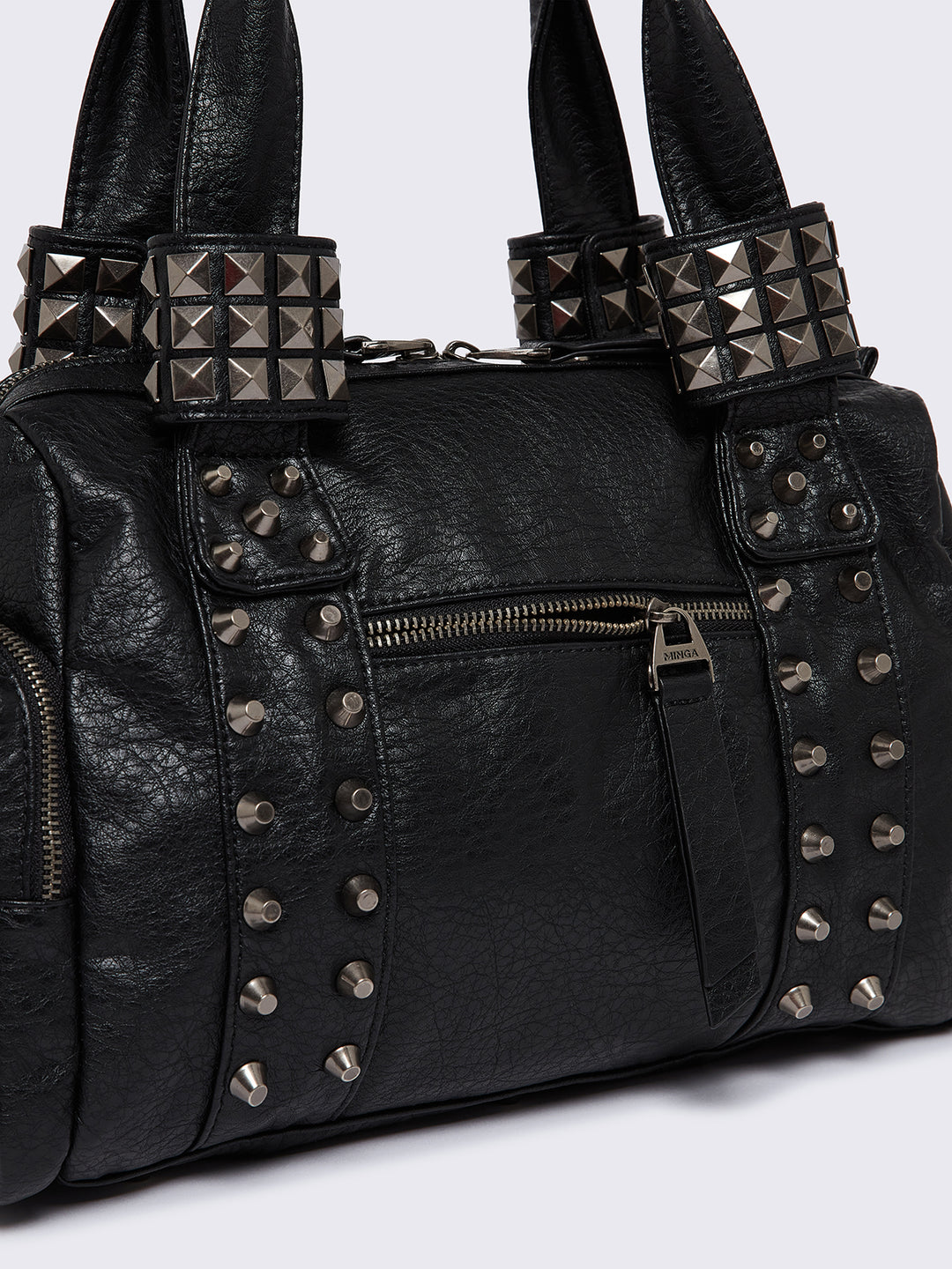 Faux Leather Spiked Multipocket Shoulder Bag in Black | Minga