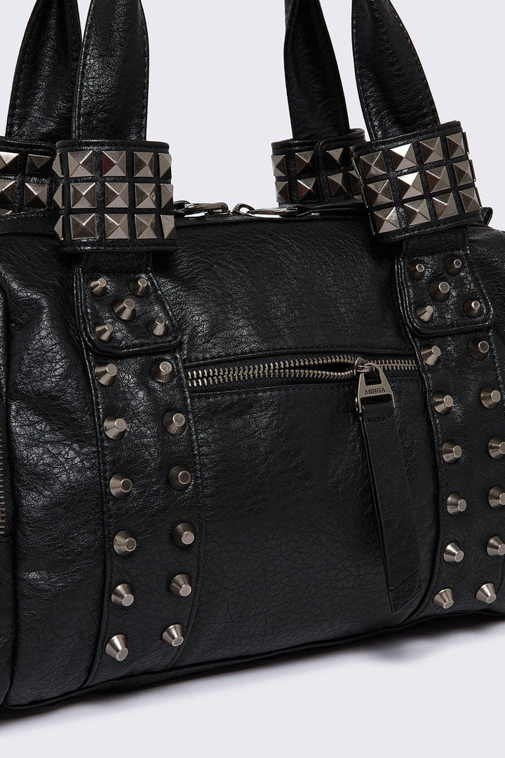 Faux Leather Spiked Multipocket Shoulder Bag in Black | Minga