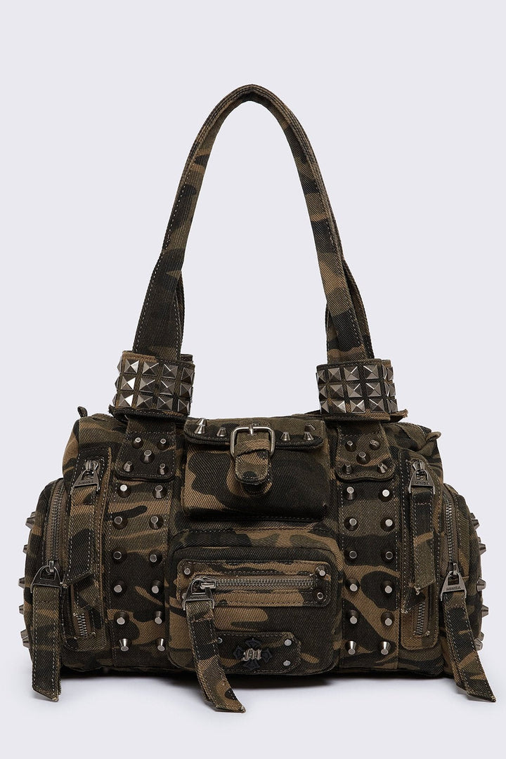 Camo Washed Spikes Multipocket Military Shoulder Bag | Minga
