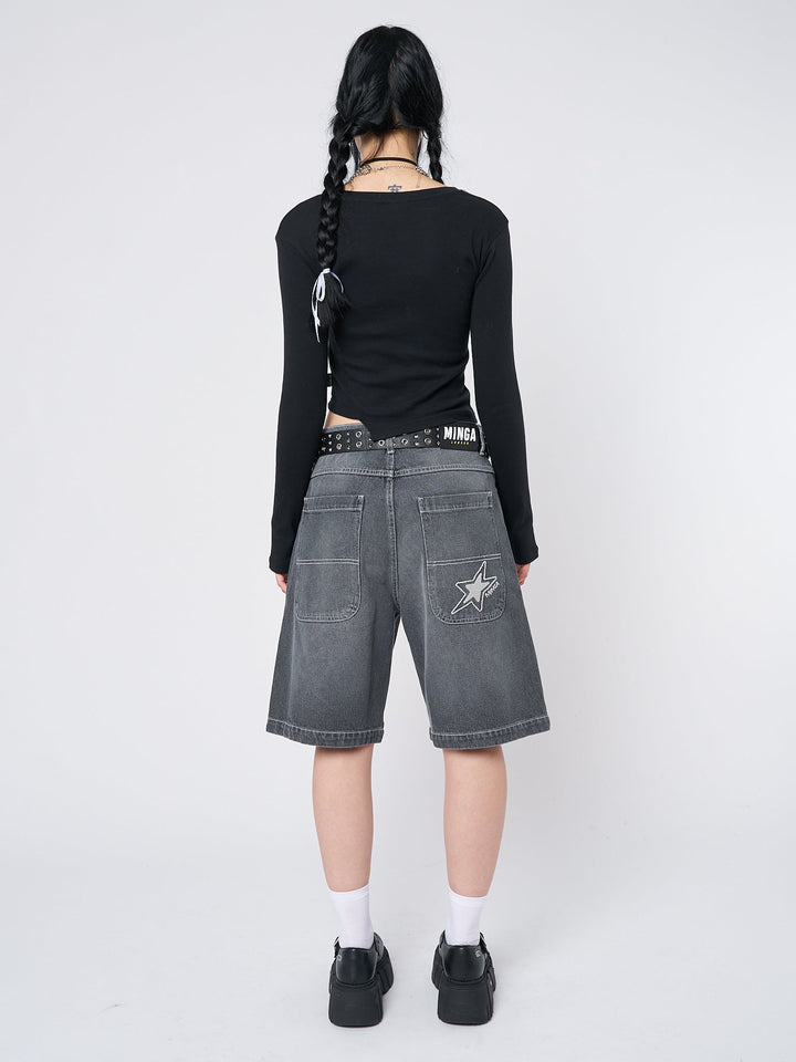 Black Long Jorts With Star Print - Y2k Denim| Minga London – Minga