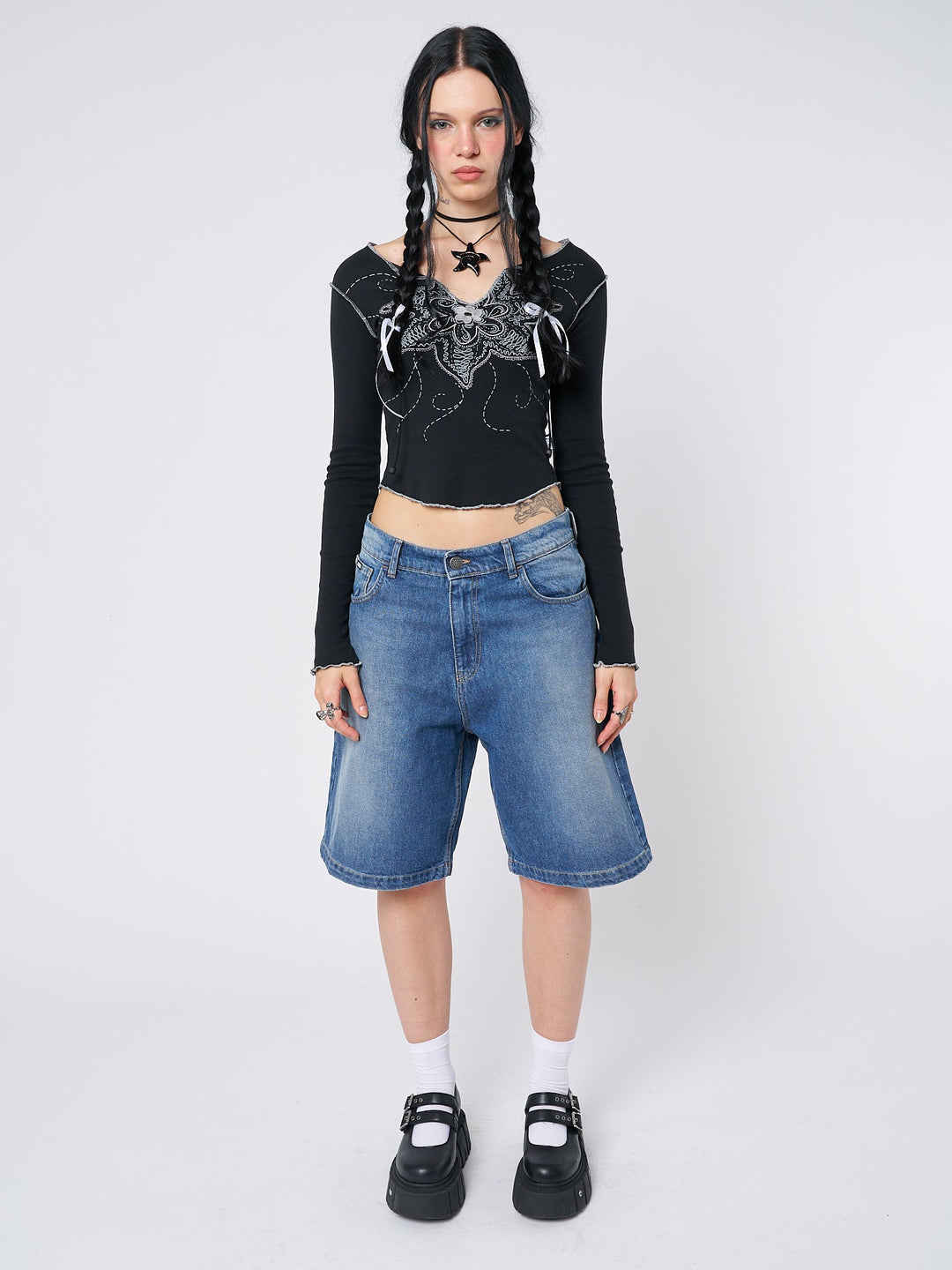 CUTEGAL Unisex Jorts Women Mid Rise Spider Denim Shorts Wide