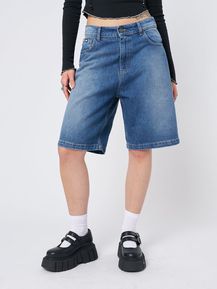 【PORTERNA】Lennys Stud Shorts Blue Long Jorts With Star Print - Y2k Denim | Minga London