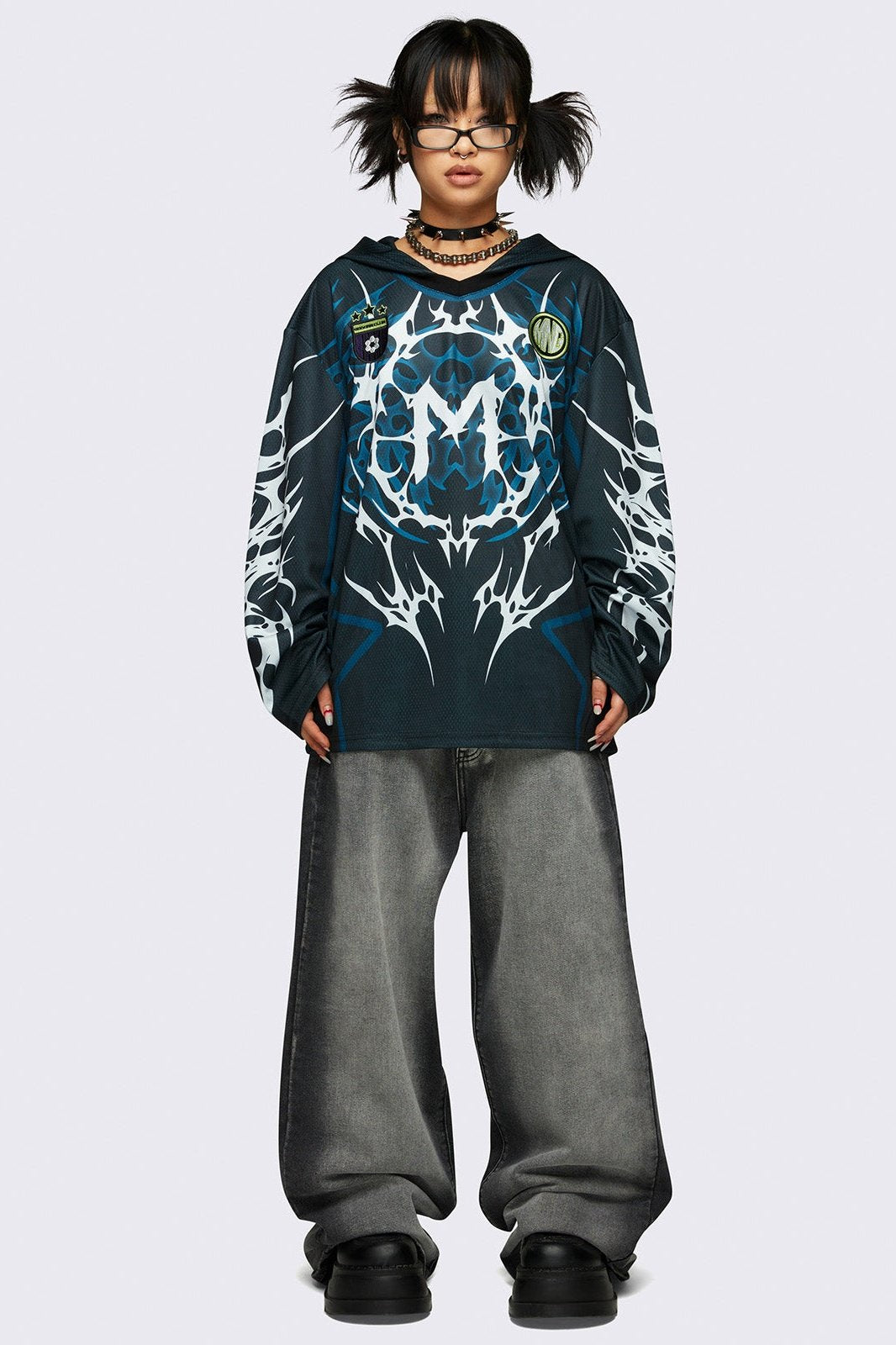 Tribal Oversized Jersey Hoodie in Black and Blue | Minga London