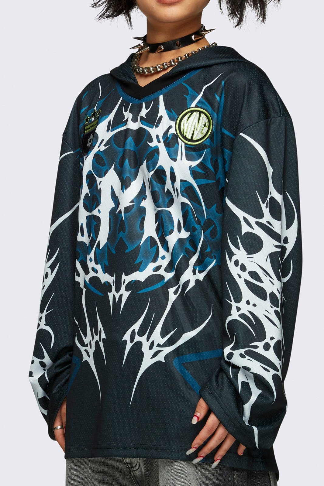 Tribal Oversized Jersey Hoodie in Black and Blue | Minga London