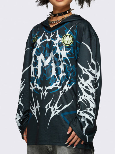 Football jersey hoodie in black with tribal graphic print in white and blue