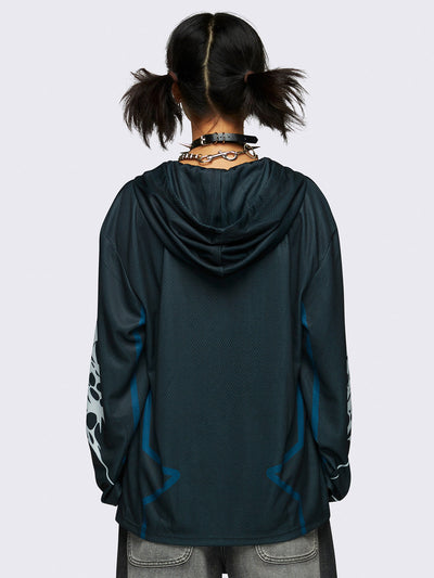 Football jersey hoodie in black with tribal graphic print in white and blue