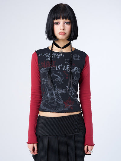 Black & Red Contrast Sleeve Graphic Top - Y2K Grunge Print | Minga ...