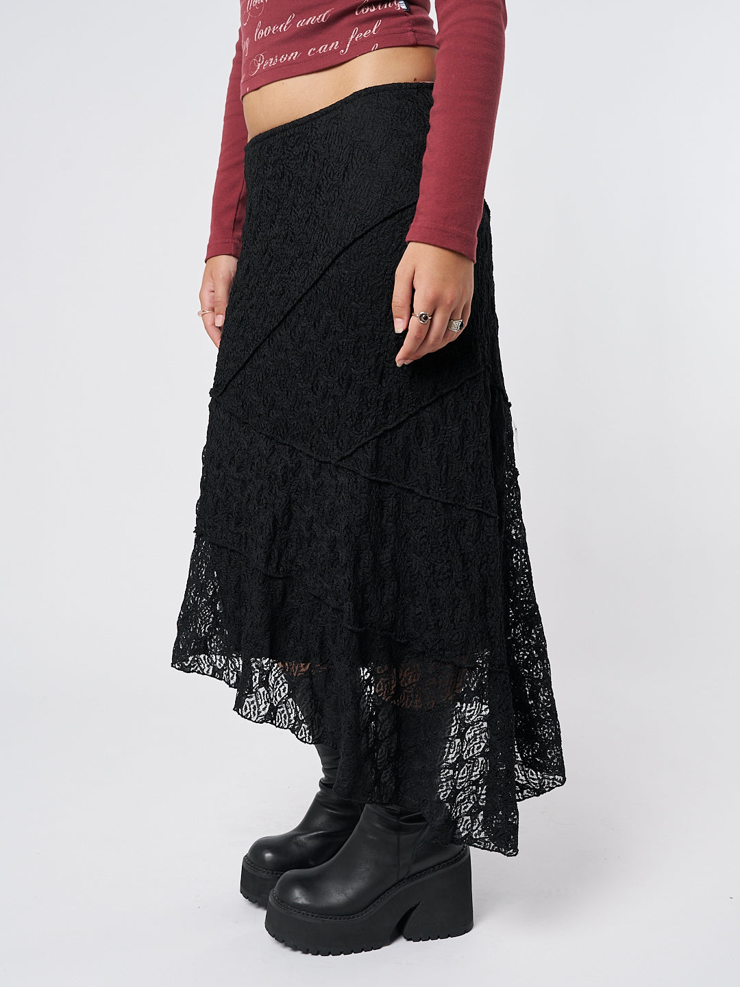 Nolia Black Lace Asymmetric Midi Skirt - Minga EU